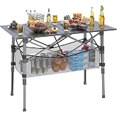 Portable Camping Table with Adjustable Height Legs, Lightweight Aluminum Roll-up beach tables for sand foldable，Folding Picnic Table Large Storage Basket for Outdoor camping (Black, Medium 37")