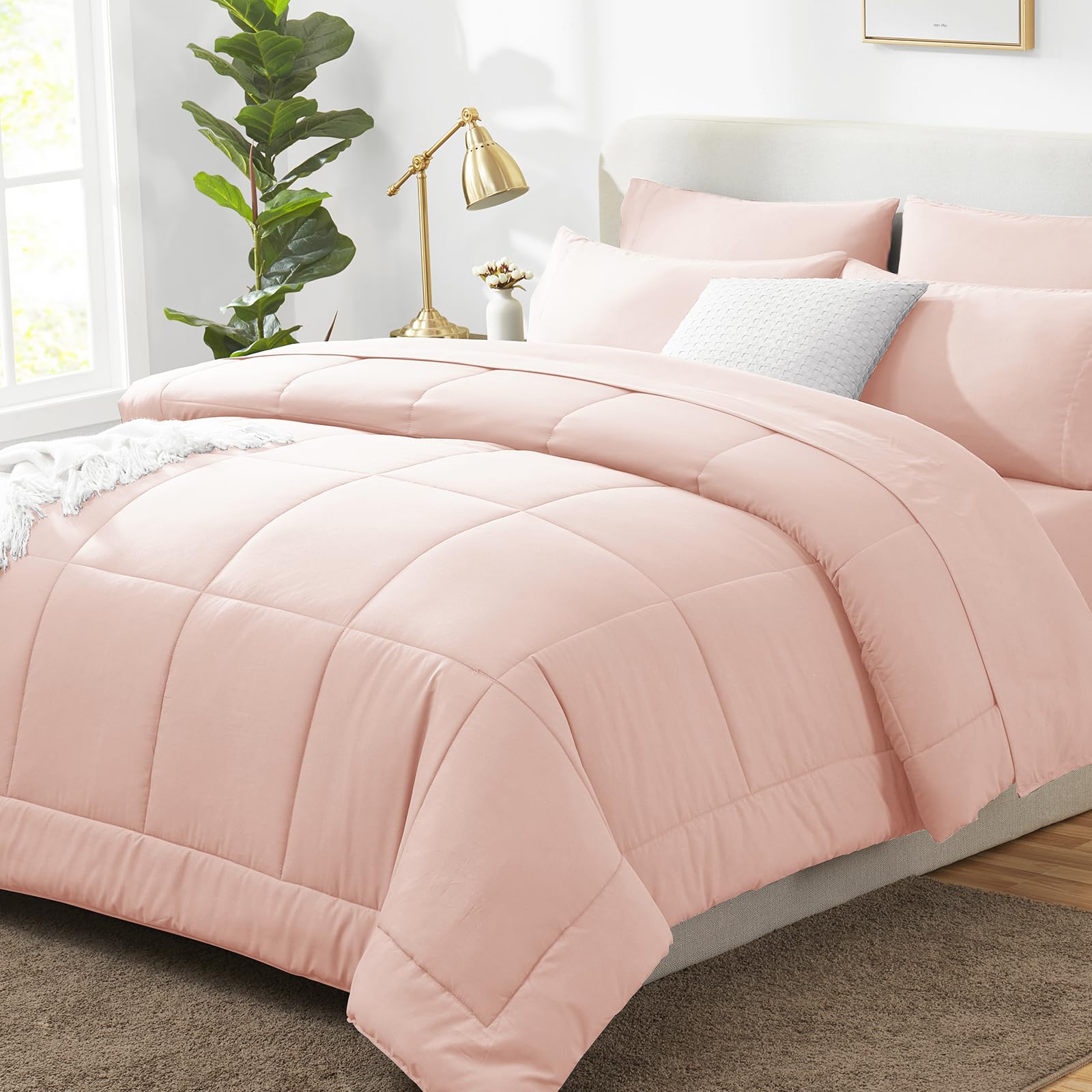 CozyLux Oversized Queen Comforter Sets Blush Pink, 7 Pieces Bed in a Bag, Ultra-Soft All Season Bedding Sets with Stitch Quilted Comforter, Flat Sheet, Fitted Sheet, Pillowcases Image