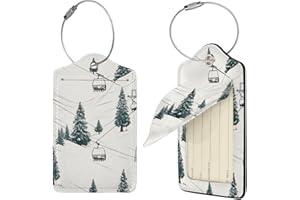 Ski Lift with Fir Tree Luggage Tags for Suitcases, 1 PU Leather Suitcase Tags Identifiers with Stainless Steel Loop, Privacy 