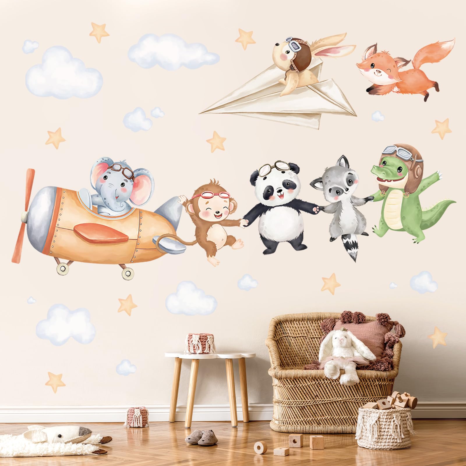 decalmile Airplanes Animal Wall Decals Elephant Panda Monkey Flying Animal Wall Stickers Baby Nursery Kids Bedroom Daycare Wall Decor
