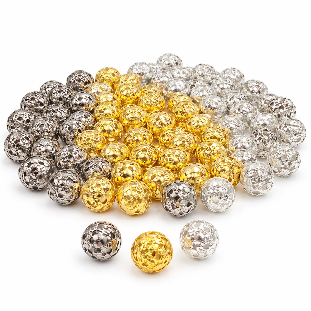 450 Pieces Brass Metal Beads Filigree Beads Spacer Set 6 mm Platinum Silver Gold Antique Silver Hollow Ball Loose Spacer Beads Intermediate Parts Round for Jewellery Making