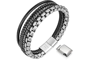 Speroto Mens Bracelets,Leather and Steel Bracelets, Chain Bracelets with Clasp,Steel Bracelets for Men