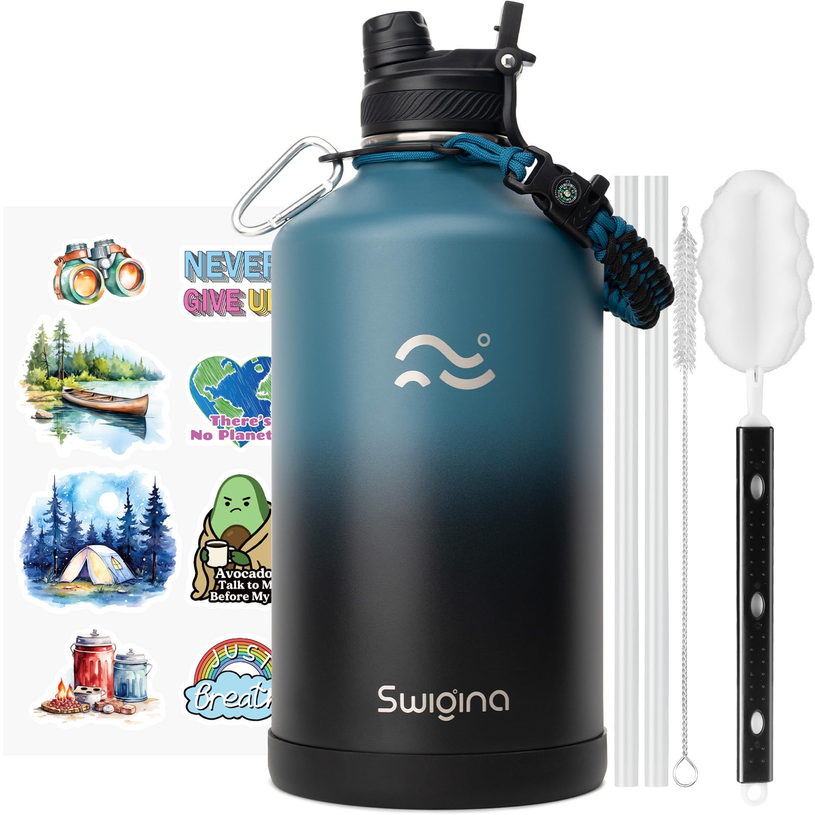Swigina [2-IN-1 LID] Gallon Insulated Water Bottle with Silicone Boot (48hrs Cold/24hrs Hot) - DIY Stickers, Leakproof, BPA Free, 128 oz Image