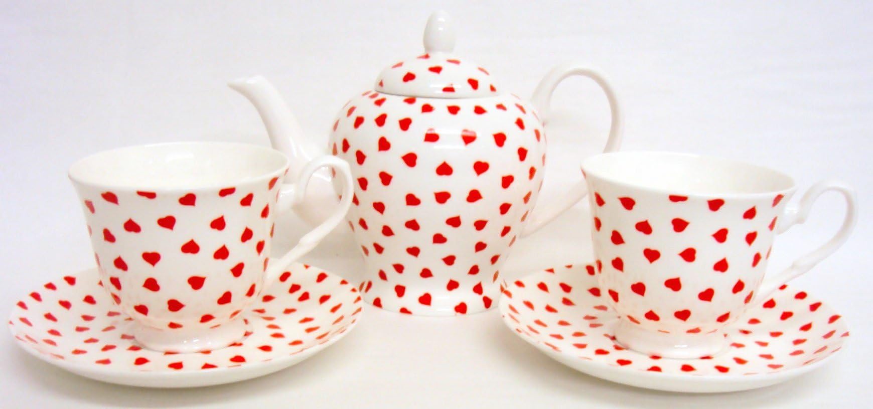 Love Hearts Tea Set for Two Fine Bone China Red Hearts Tea Set 1 Teapot 2 Cups & 2 Saucer Hand Decorated in The UK Free UK Delivery