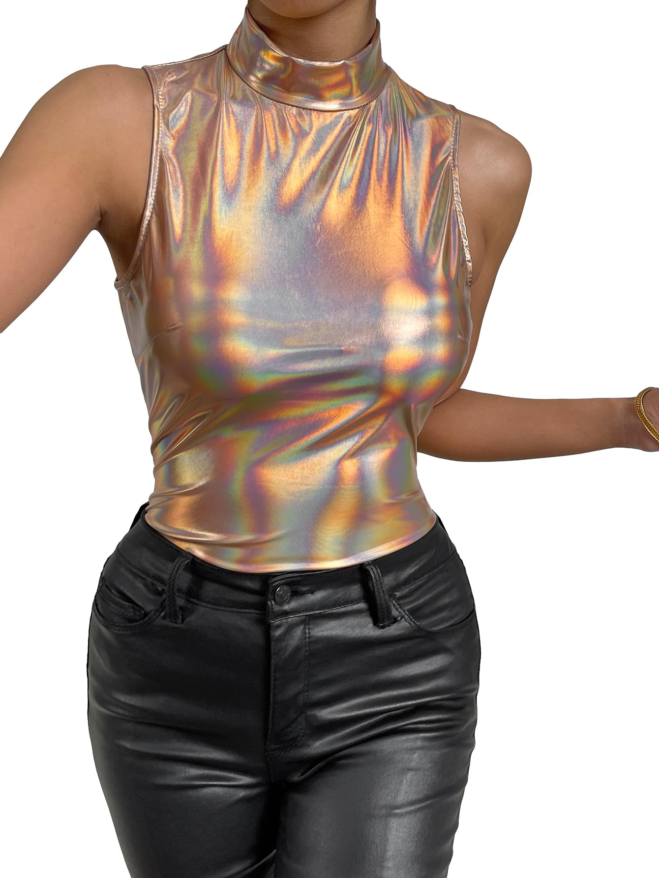 WDIRARA Women's Metallic Stand Collar Romper Sleeveless Zipper Fly Tank ...