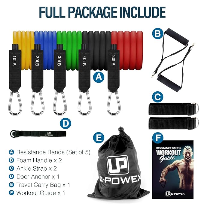 Upowex Resistance Bands Set Include 5 Stackable Exercise Bands With Carry Bag Door Anchor Attachment Legs Ankle Straps Foam Handles And Workout