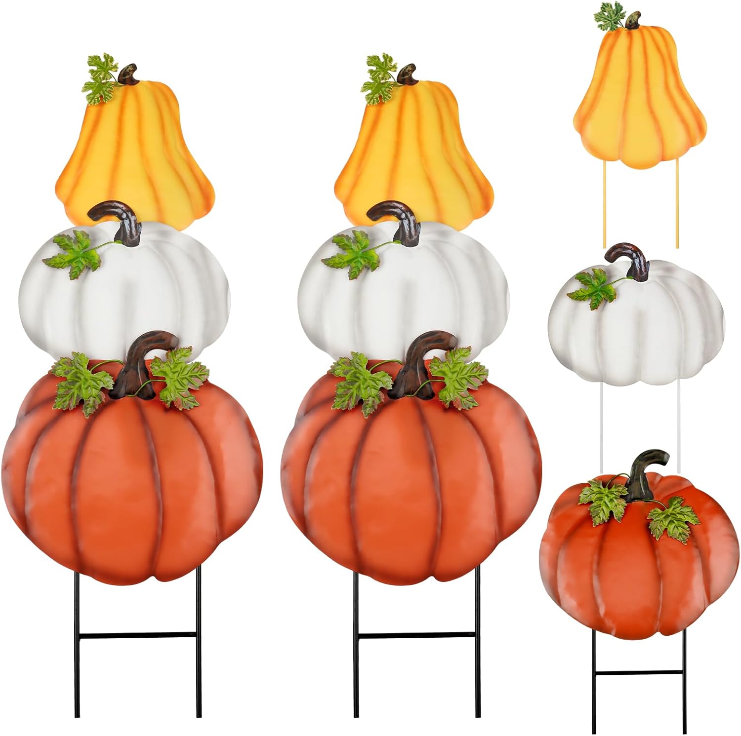 Decorative Garden Stakes - 2 Set Fall Pumpkins Decorations Outdoor Garden Stakes, 33.8 Inch Stacked Metal Pumpkins Yard Signs, Pumpkin Stake for Home Fall Autumn Harvest Halloween Patio Lawn Decor (Yellow, White, Brown)