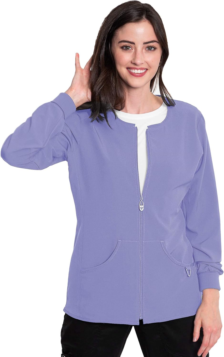 Med Couture Zip Front Warm Up Scrub Jacket for Women: Clothing