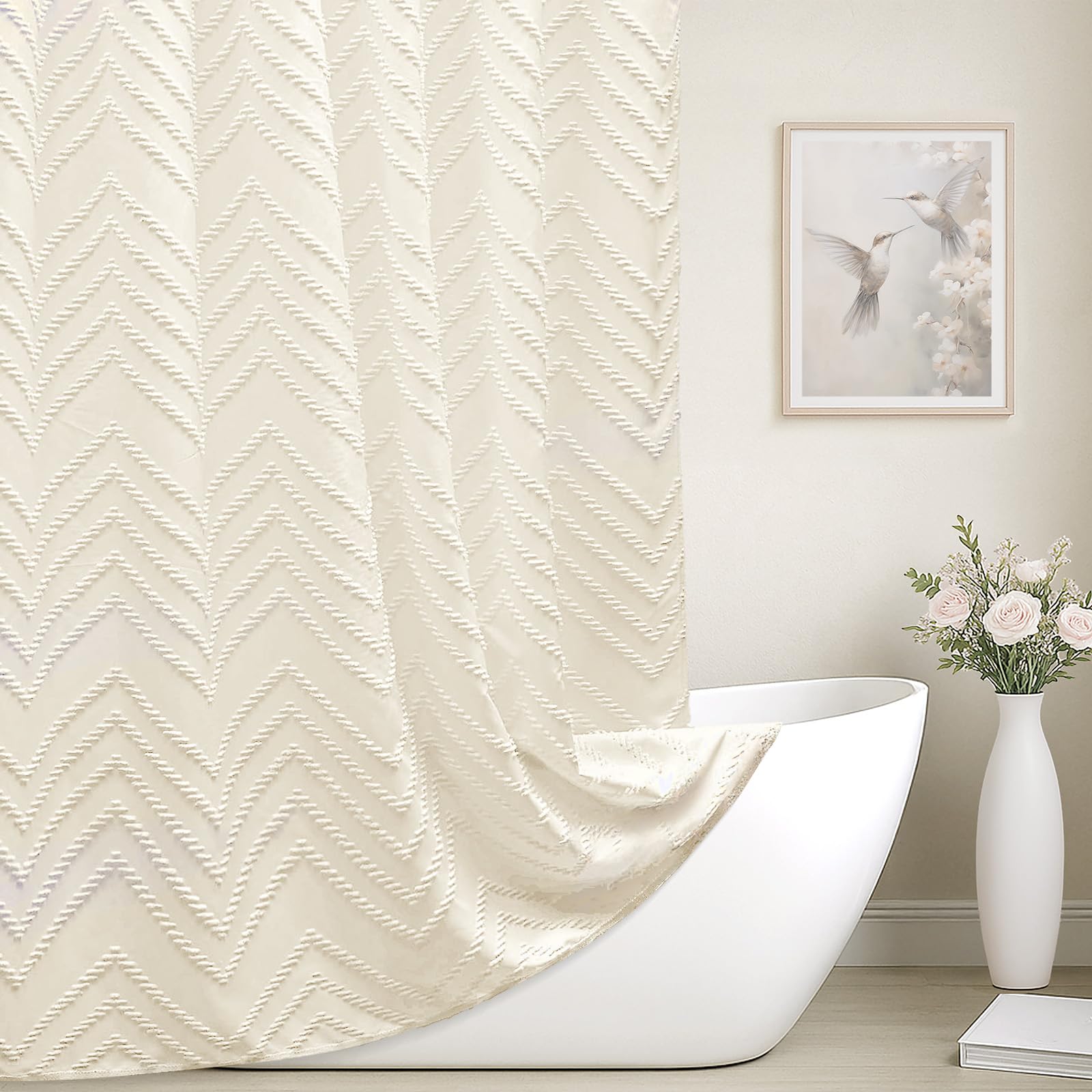 Photo 1 of Extra Long 72 x 96 Cream Shower Curtain Boho Farmhouse Shower Curtain Tufted Chevron Textured Minimalist Shower Curtains for Bathroom