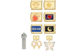 Italian Charms Bracelet Accessories 8Pcs Gold Charms Pack Links Bulk and Opening Tools Butterfly Pedent Heart Star Links Hand