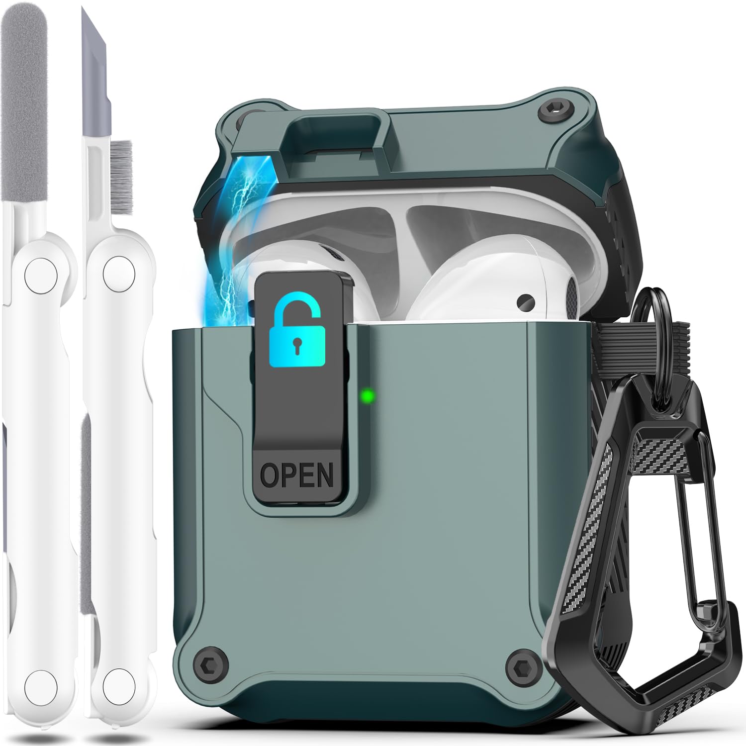 Photo 1 of ******MISSING PARTS*****R-fun Compatible with AirPods 2nd Generation 2019,1st Gen 2016 Charging Case Cover, Full Drop Protection Auto Pop-Up Lid Compatible with Airpods Case with Cleaner Kit & Keychain,Pine Green