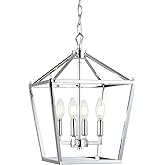 JONATHAN Y 8" Chrome Lantern Pendant Light, 1-Light Pagoda Style Metal Cage Farmhouse Hanging Ceiling Fixture for Kitchen Isl