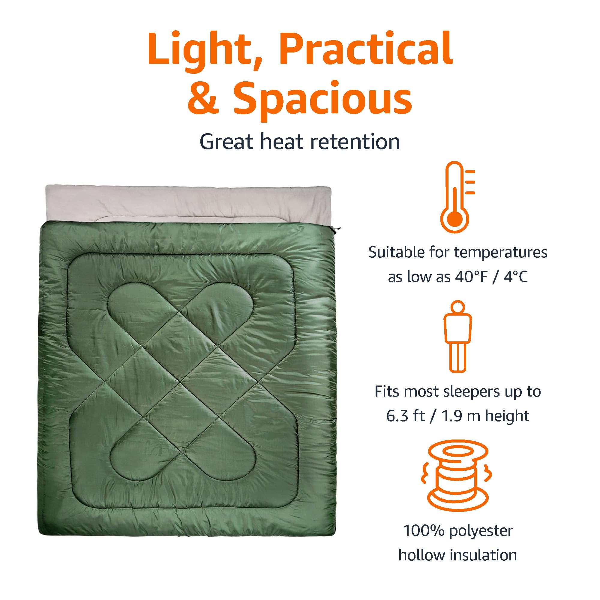 Amazon Basics 40°F Cool Weather Two-Person Sleeping Bag, 87 Inches x 59 Inches, Olive Green