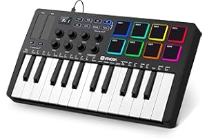Vangoa 25 Keys Midi Keyboard Controller, Mini Portable Beat Maker Machine with Backlit Drum Pads, 8 Knoks, 8 RGB Beating Pad for Music Production, Velocity Sensitive, LED Display, Arpeggiator, Black