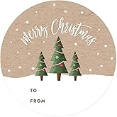 Andaz Press Christmas Round Circle Gift Sticker Labels, Christmas Trees on Kraft Brown, Merry Christmas to from, 40-Pack, Stationery Packaging Envelope Letter Label