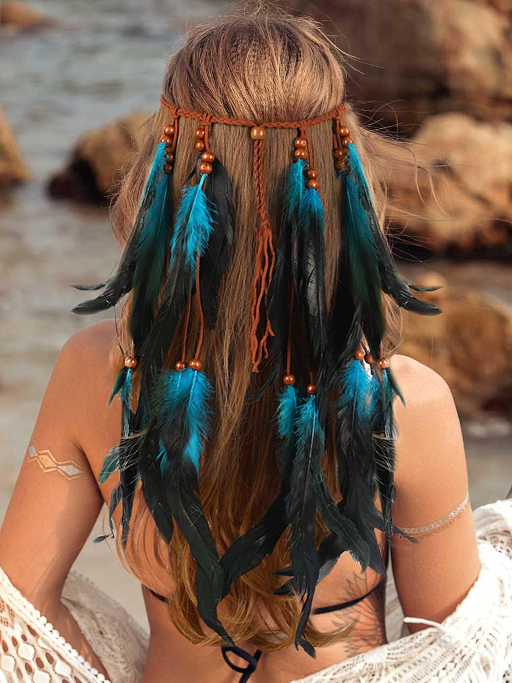 Fashband Indian Feather Headband Boho Tassel Hippie Tribal Headpiece Festival Hair Accessoriess for Women (Blue, One Size)