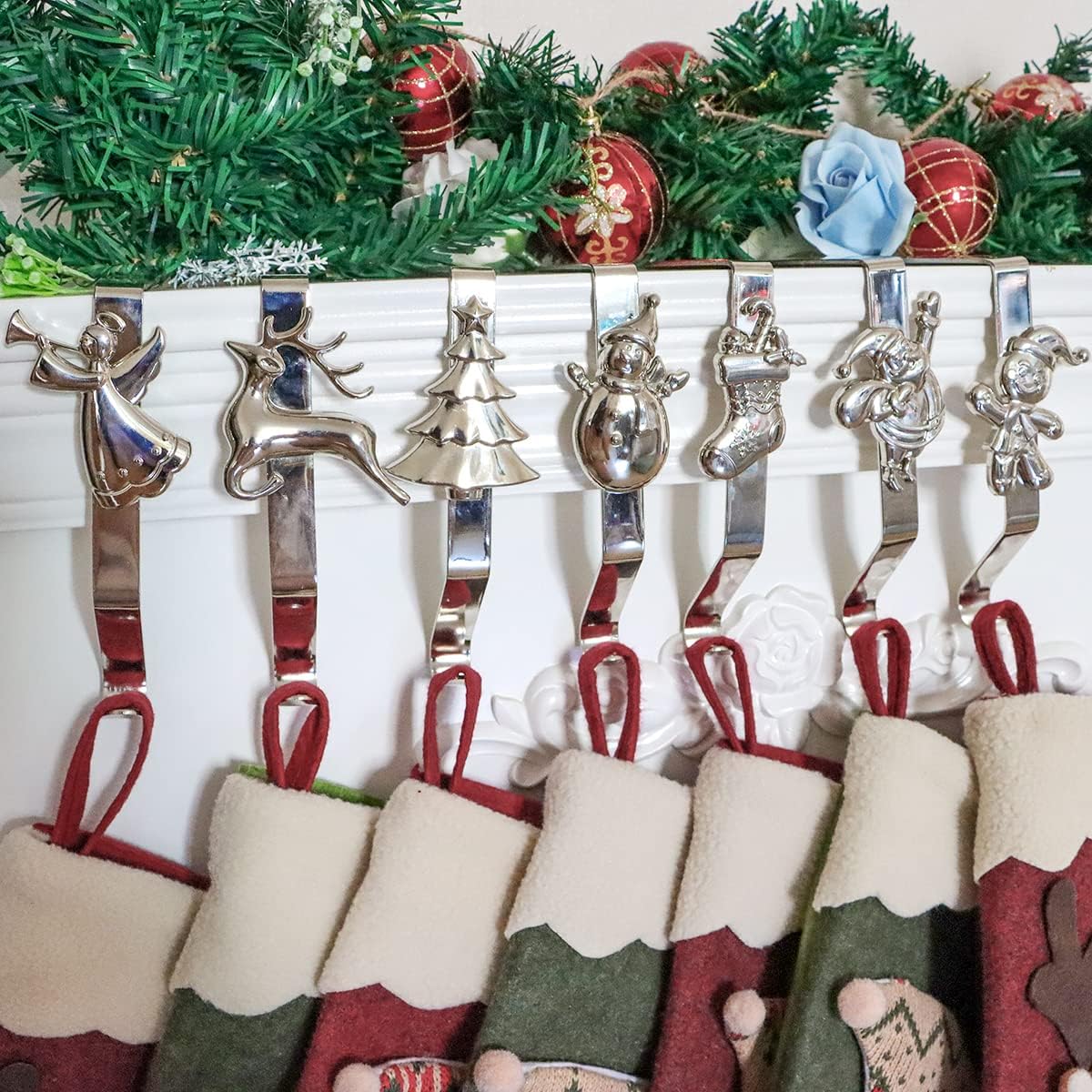 Ornament Hooks - Christmas Stocking Holder for Mantle Set of 7, Reusable Christmas Stocking Hooks, No-Damage Xmas Hanger for Fireplace Mantle Grip Stand Christmas Decoration Ornaments Hanging Sliver Shelf Floor