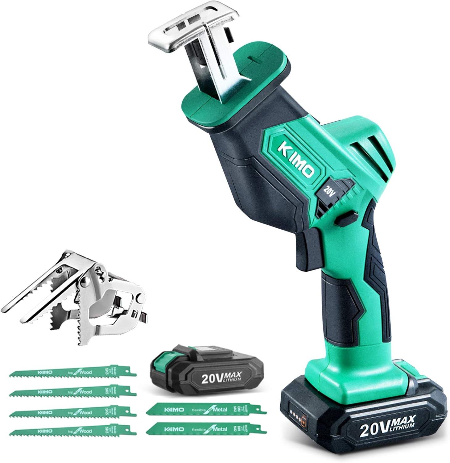 KIMO 20V Cordless One-handed Reciprocating Saw w/Clamping Claw for Smooth Cuts, 2.0Ah Li-ion Battery, 7/8" Stroke Length, 6 Saw Blades for Wood/Metal/PVC Pipe Cutting, Tree Trimming, Demolition - - 