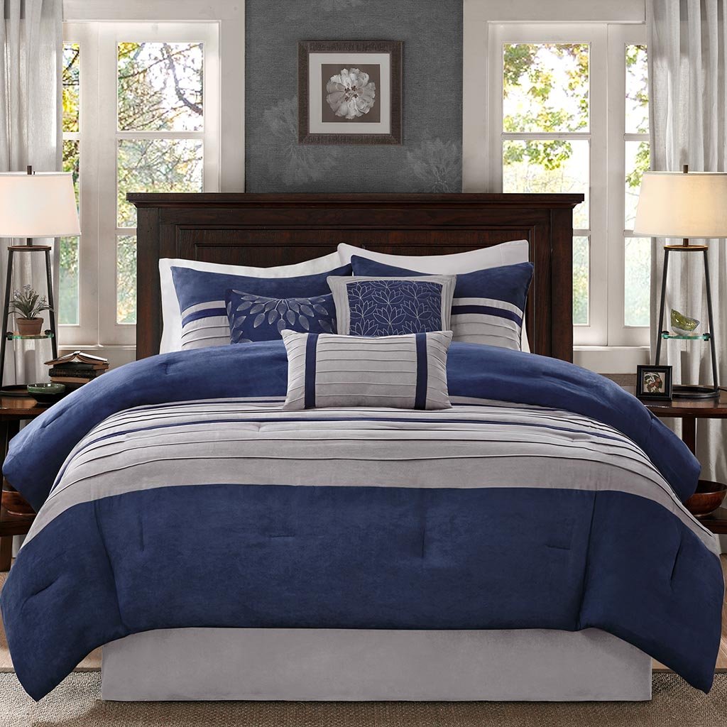 Comforter Set 7 Piece Queen Navy Blue and Gray Ultrasoft Bedding