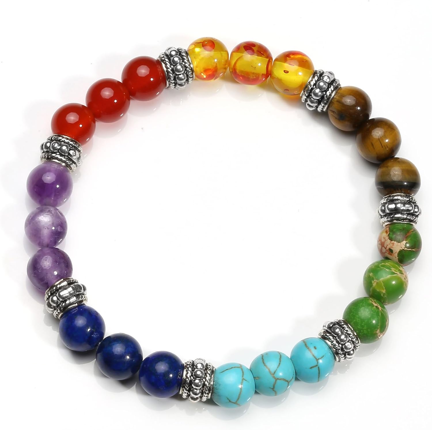 MILAKOO 2 Pcs 10MM Beads Yoga Reiki Healing Bracelet 7 Chakra Beads Hollow Heart Charm Wristband, A: 7 Chakra & Heart, 7.5 inches - Image 3