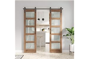 FREDBECK Double 24 x 84 inch Glass Barn Doors 48inch Barn Door with 8FT Hardware Kit & Handle Included,5-Panel Frosted Glass,LVL Wood Panel,Water-Proof PVC Surface,Pre-Drilled Holes,Need Assembly