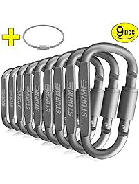 STURME Carabiner Clip Aluminum D-Ring Locking Durable Strong and Light Large Carabiners Clip Set for Outdoor Camping Screw Gate Lock Hooks Spring Link Improved Design Pack (9 Pack)