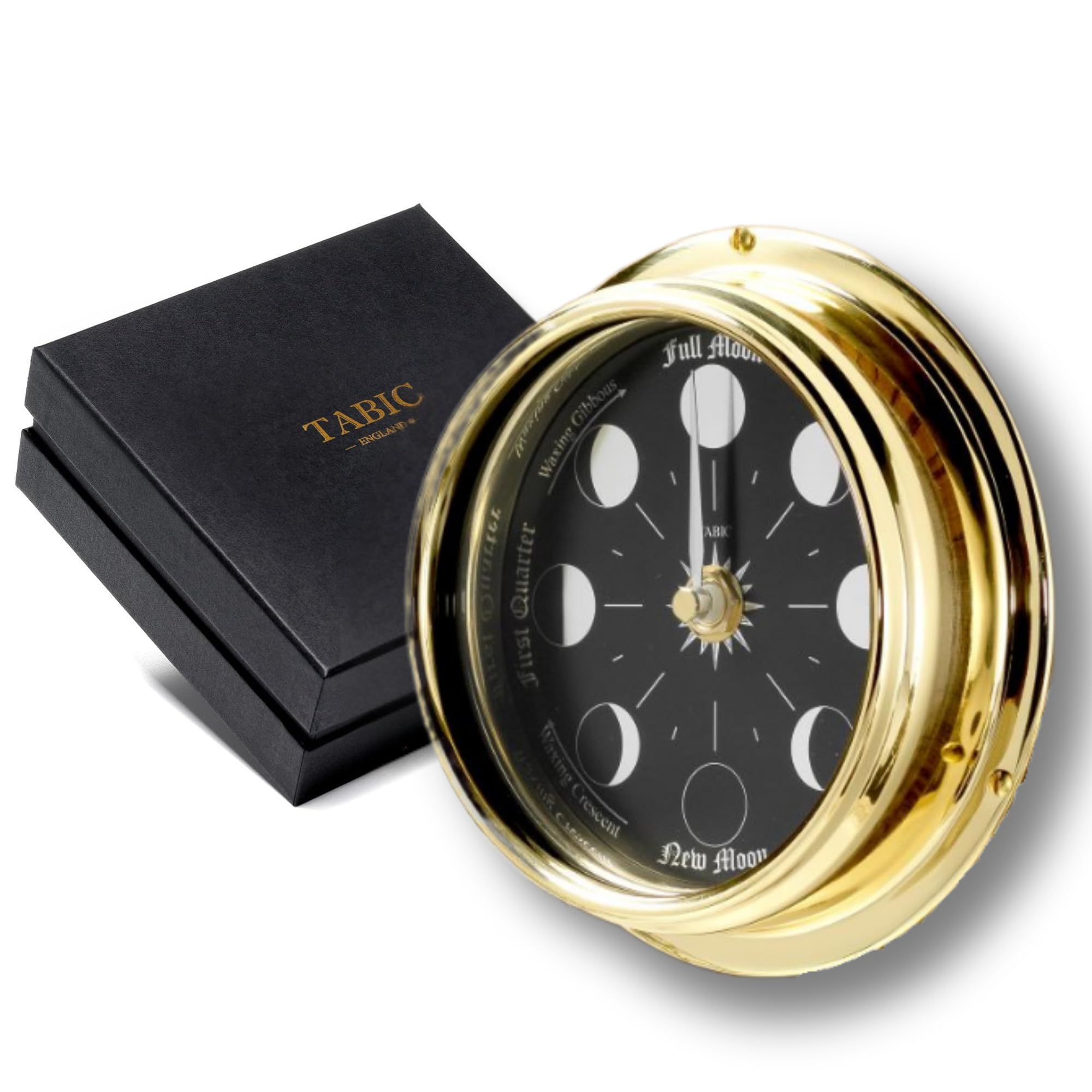Tabic Handmade Prestige Moon Phase Clock in Solid Brass - Elegant Full Moon Wall Clock with Jet Black Dial, Stunning Look with Mirrored Backdrop and Chrome Hands, Perfect Decorations and Gift