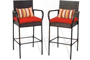 Sundale Outdoor Patio Stools & Bar Chairs, Outdoor Bar Stools Set of 2 with Back Rest Pillow, 2 Piece Wicker Chairs Bar Chairs with Red Cushion, All-Weather Patio Seating - Steel, Brown