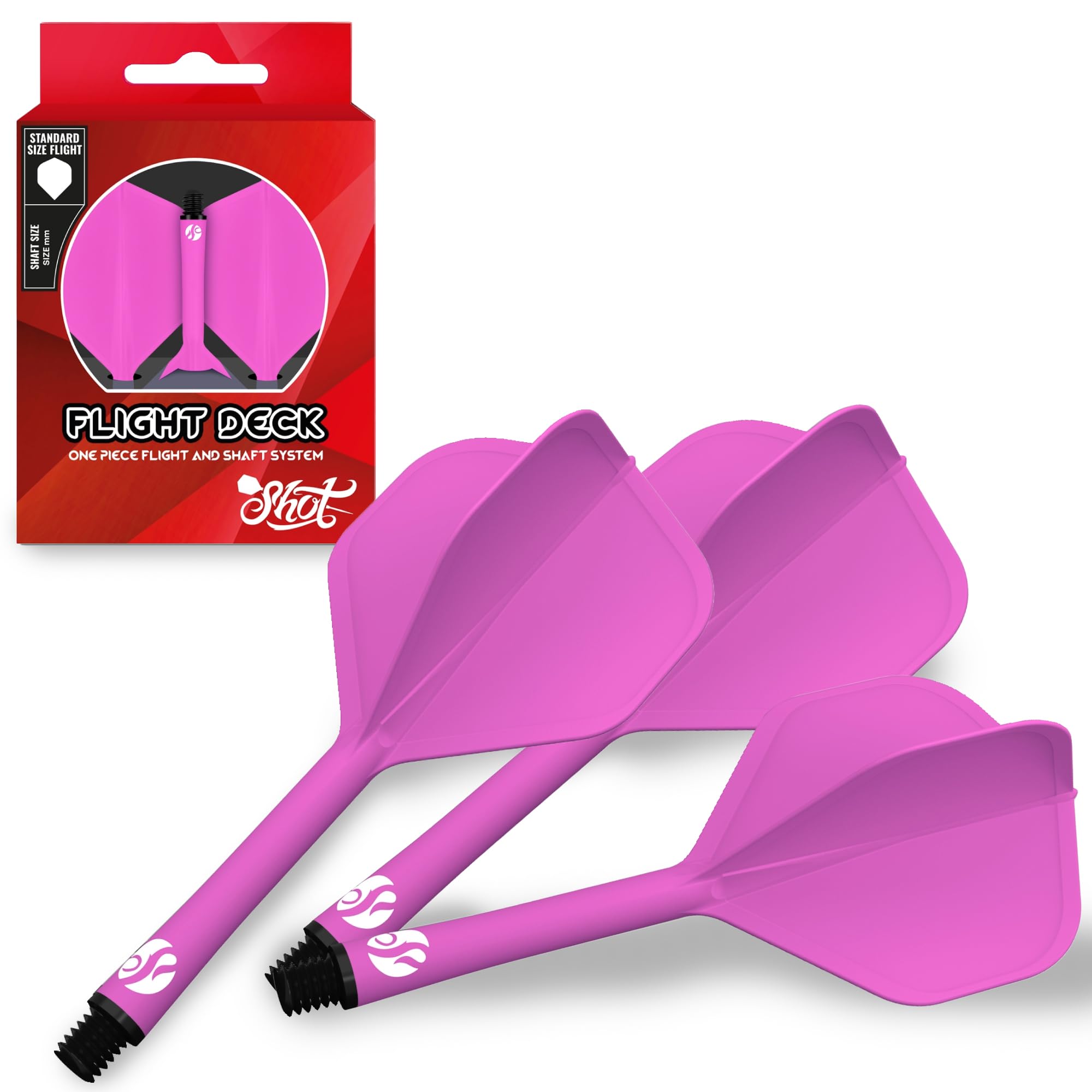 Shot! Darts Flight Deck One Piece Dart Flight and Shaft System, Reduced Deflections, Standard Shaped Flight (350 Micron), Available in Set of 3 (Pink, Medium)
