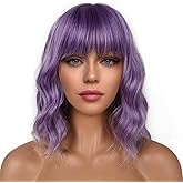 LANCAINI Short Bob Wigs with Bangs for Women Loose Wavy Wig Curly Wavy Shoulder Length Bob Synthetic Cosplay Wig for Girl Colorful Costume Wigs (Violet)