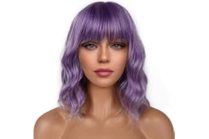 LANCAINI Short Bob Wigs with Bangs for Women Loose Wavy Wig Curly Wavy Shoulder Length Bob Synthetic Cosplay Wig for Girl Colorful Costume Wigs (Violet)