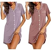 Samring 2 Pack Nightgowns for Women Short Sleeve Sleepwear Button Down Nightshirts Sleep Shirts Boyfriend Pajama Dress