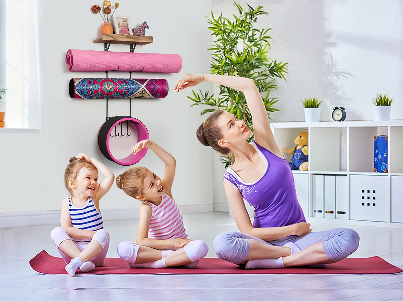 2 Pack Yoga Mat Holder Wall Mount Yoga Mat Storage Shelf Rack Home Gym Accessories With Wood Floating Shelves And 4 Hooks For Hanging Foam Roller And Resistance Bands Home Gym Carbonized - View #5