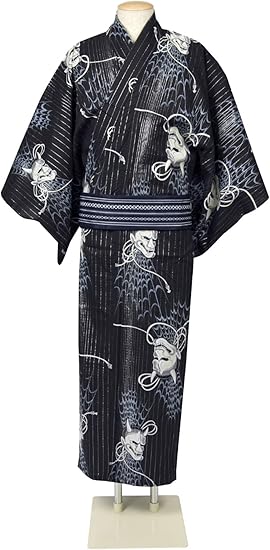 Amazon メンズ浴衣3点セット 般若 L 浴衣 角帯 下駄 L L 10 般若 黒ラメ ワンタッチ角帯 紺 浴衣 通販
