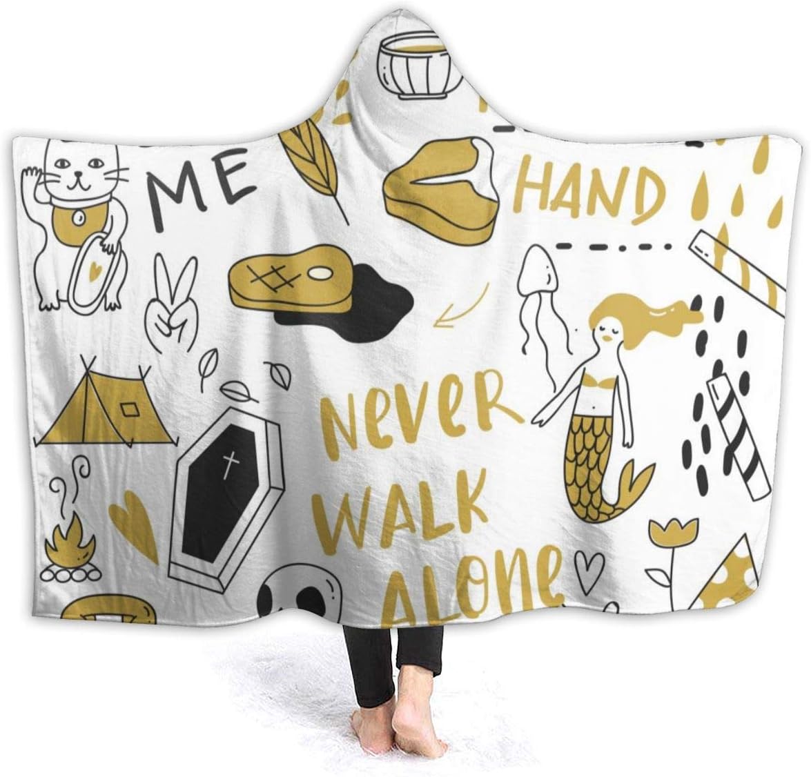 nobrand Hooded Blanket Cute Doodle Isolated Wearable Fleece Blankets Soft Warm for Kid Adults Women Men Throw Cuddle Poncho Cloak Cape Adults/Womens/Mens Throw