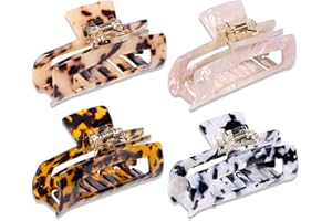 Magicsky 4PCS Hair Claw Clips, Acrylic Hair Banana Barrettes, Celluloid French Butterfly Jaw Clips,Tortoise Shell Grip Pin Teeth Clamp -Leopard print Stylish Hair Accessories for Women Girls,Long Size