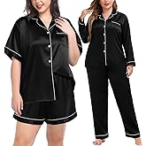 SWOMOG Women's Plus Size Pajamas Silk Satin Pajama Set Short Sleeve Shirt with Full-Length Pants Pjs Sleepwear Set 18W-26W