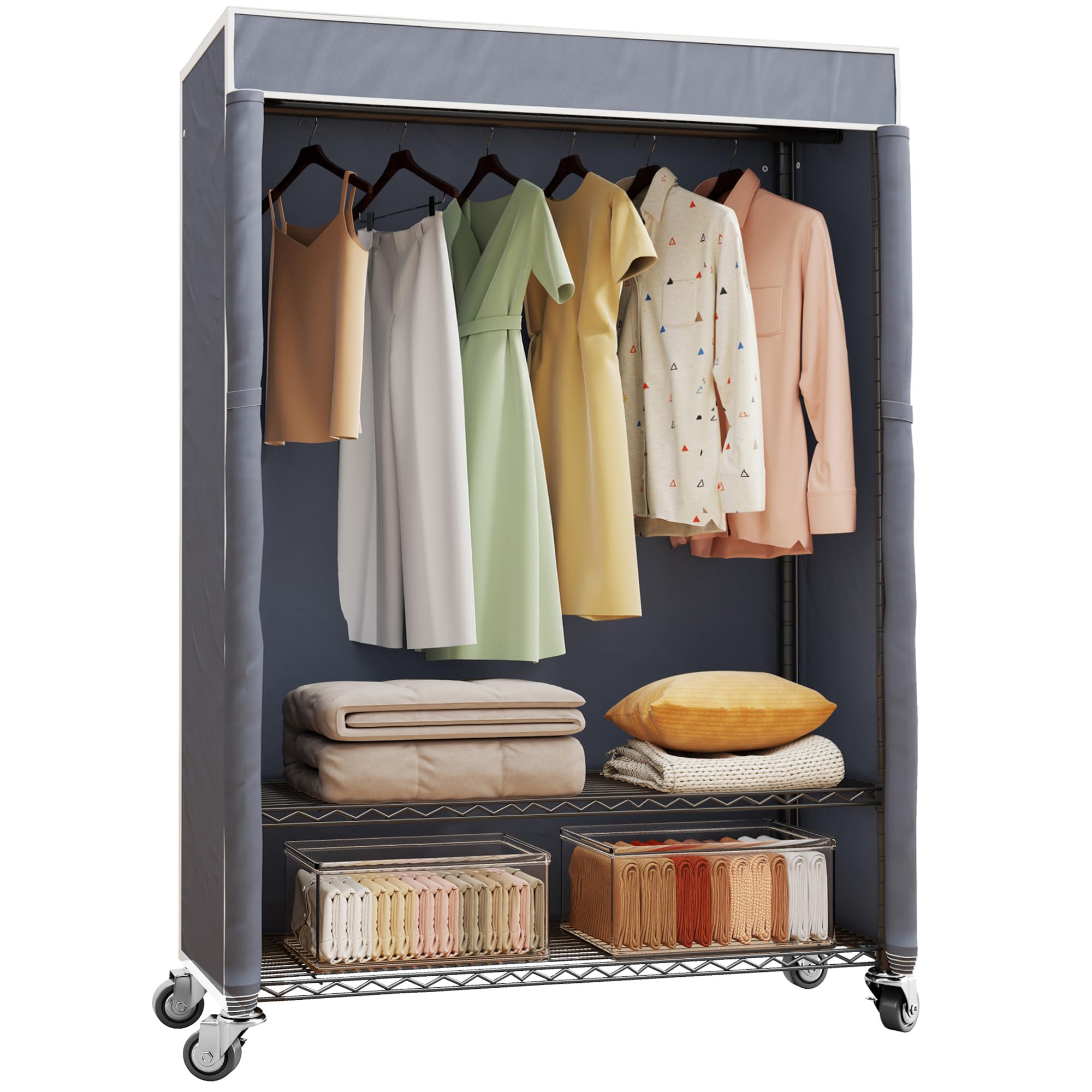 Higeego H4 Plus Rolling Clothes Rack with Cover, Heavy Duty Garment ...