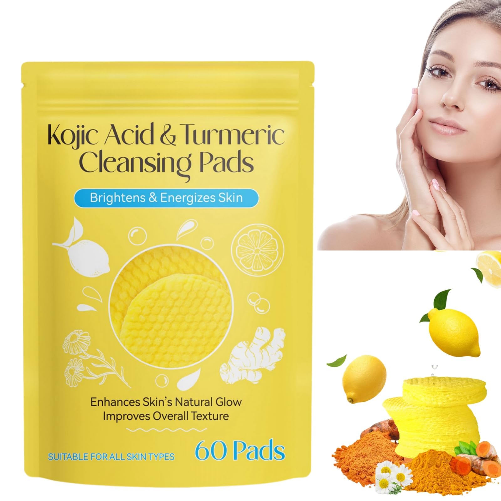 60 Pads Turmeric Kojic Acid Pads,Turmeric Kojic Pads,Turmeric Kojic Acid Cleansing Pads,Foaming Exfoliating Pads,Turmeric Exfoliating Foaming Pads,Face Cleansing Pads,Facial Cleansing Pads,Face Pads