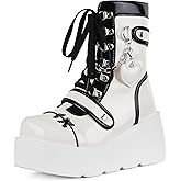 CELNEPHO Platform Ankle Boots for Women Wedge High Heel Booties Goth Round Toe Combat Boots Women Cute Heart Lace Up Rave Boots Outdoor Dress Boots with Chain