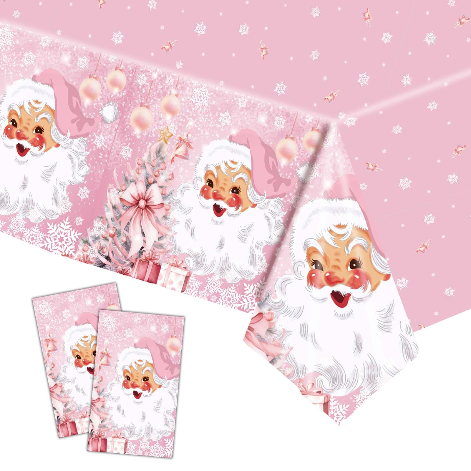 2Pcs Christmas Party Table Cover, 137 * 274cm Pink Santa Decorations Plastic Waterproof Rectangular Tablecover for Xmas Evening Party