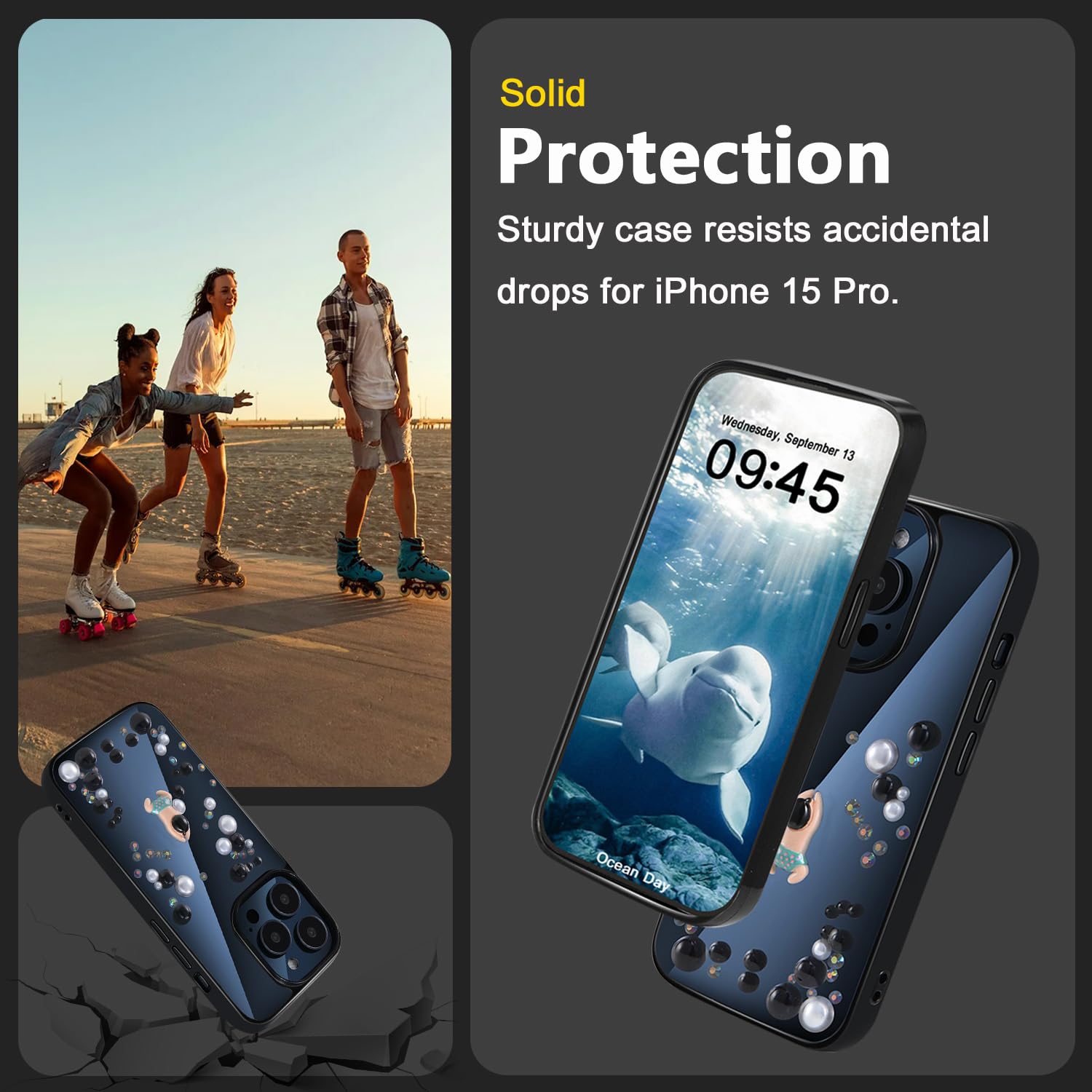 TzoMartico Case for iPhone 15 Pro Case 6.1 inch, Shockproof Hard Case Pearl Cute Case Clear - Black + Colorful Black