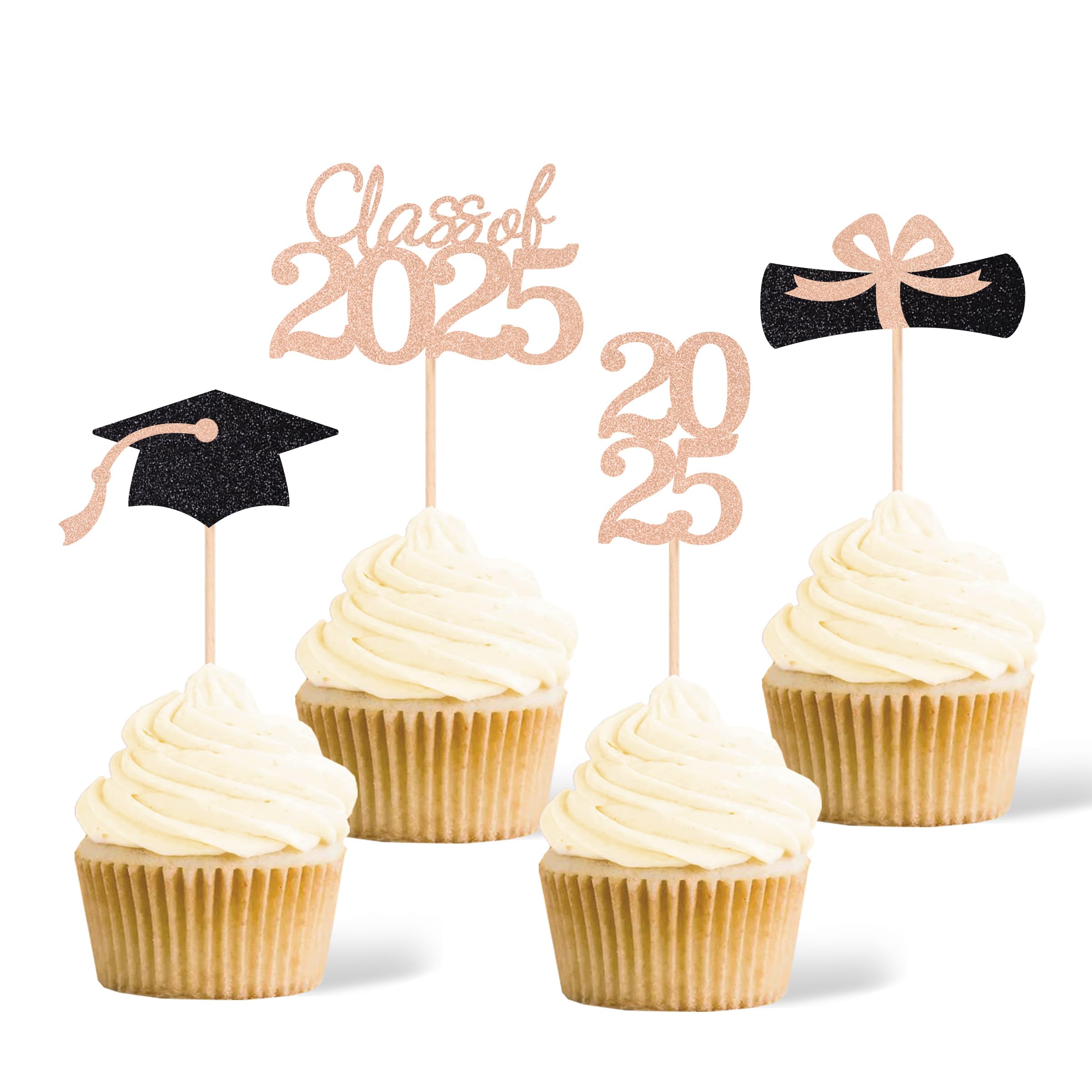 Photo 1 of ******* PACK OF 2***** Class of 2025 Graduation Party Decoration Cupcake Toppers, Double-Sided Diploma Grad Cap Cake Toppers (36 pcs, Rose Gold)