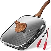 ESLITE LIFE 11 Inch Nonstick Grill Pan with Lid for Indoor Cooking, Versatile Induction Square Large Grilling Skillet Steak Pan for Stove Tops, PTFE & PFOA Free, Black