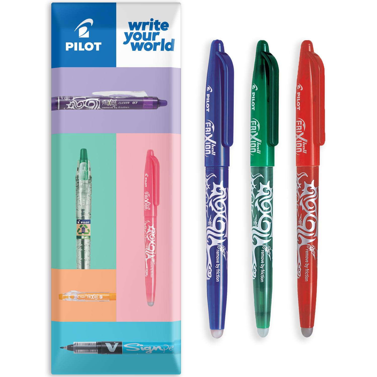 PILOT Frixion Heat/Friction Erasable Rollerball Pen FR7 - Medium Line 0.7mm Tip Nib - In Envelope Gift Packaging - Pack of 3 (Blue/Green/Red)