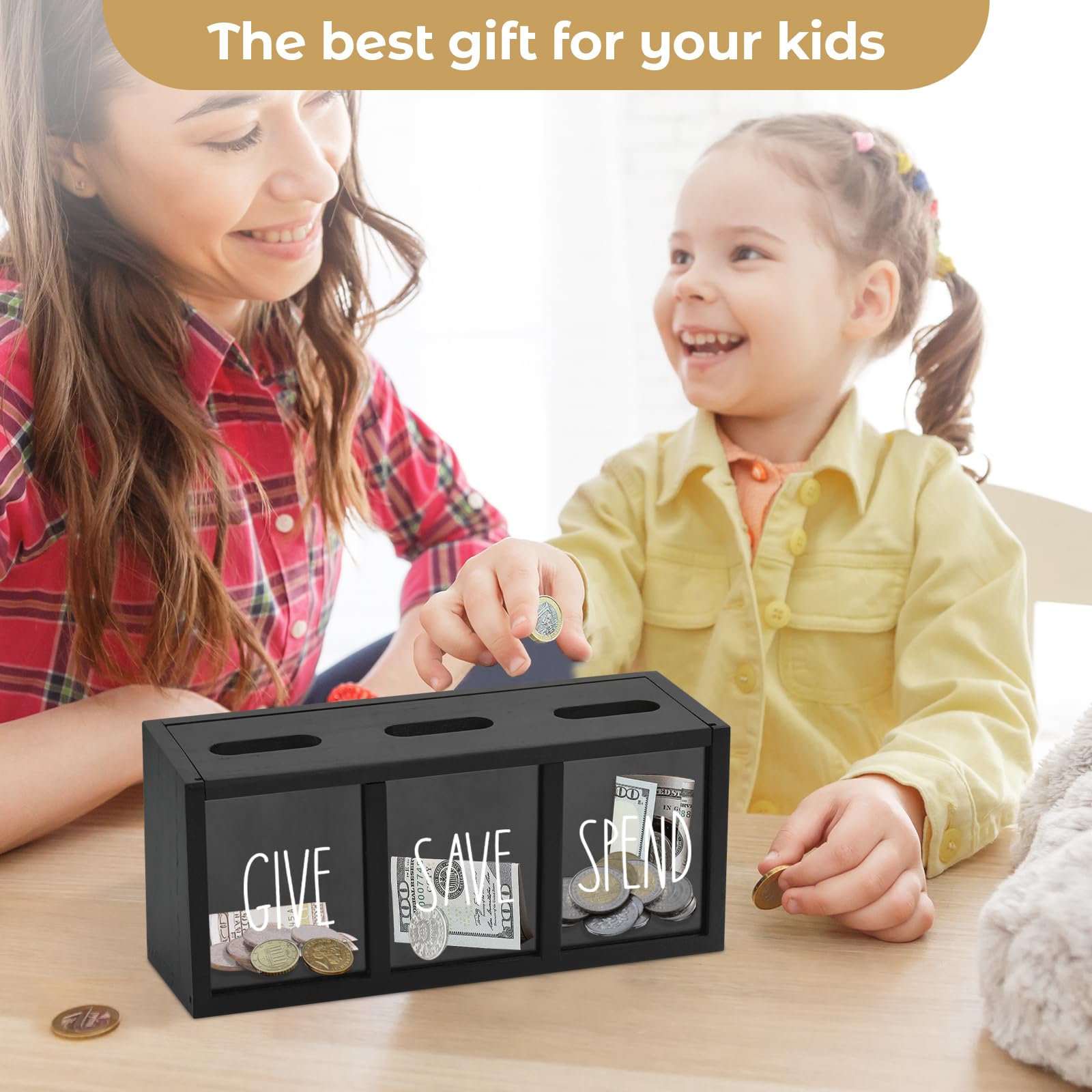 Wooden Give Save Spend Money Saving Box for Kids, Countertop Kid Piggy Bank for Daily Cash, Wall-Mount Kids Banks for Bills and Coins, Visualized Piggy Bank for Bedroom, Living Room, Laundry Room…