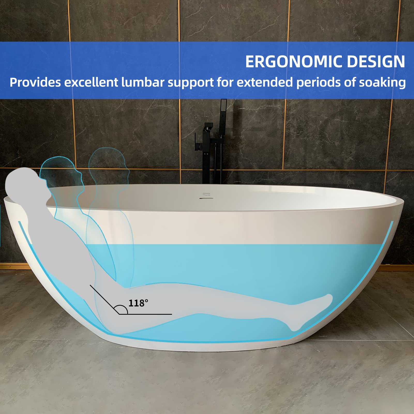 Cpingao 67" Freestanding Bathtub, Oval Shaped Stone Resin Freestanding Tubs, Solid Surface Matte