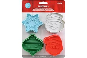 R&M, Christmas Cookie Cutter Stamper Set of 4, Assorted Designs, Snowflake, Snowman, Ornament, Santa, Approximately 2.75" Siz