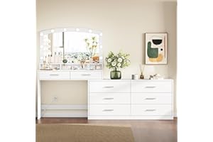 Irontar Vanity Desk with Large Mirror and 3-Color Lights, Makeup Vanity with 8 Drawers & Open Shelf, Side Cabinet with Width Adjustable, Makeup Table for Women, White WDT007W