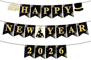 MIUCAT Happy New Year Banner 2026, Black and Gold New Years Eve Party Supplies Decorations 2026 Sign for Happy New Year Backdrop Decor